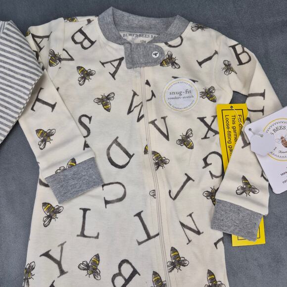 Burts Bees A-Bee-C and Stripes Organic Cotton Snug Fit Footed Sleeper 2 Pack 12M - Picture 7 of 9
